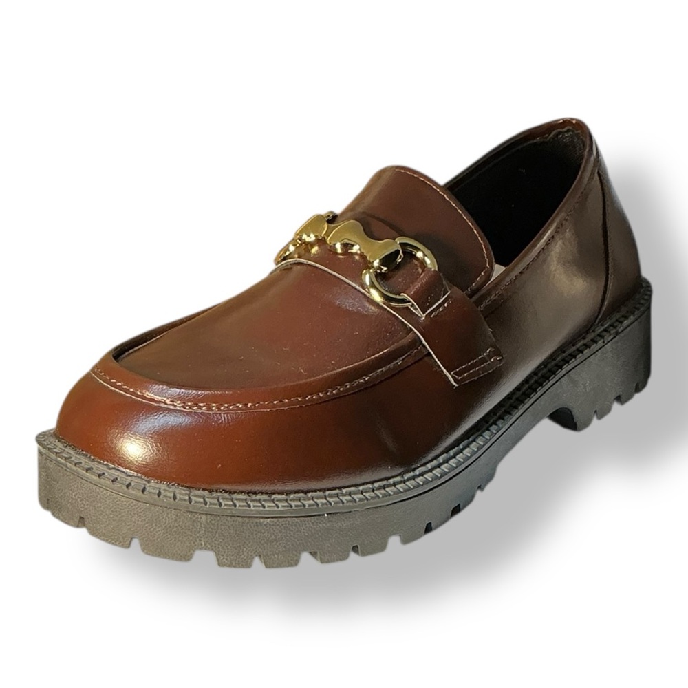 Brown Leather Horsebit Loafers Chunky Lug Sole Gold Hardware EU 40 US 9 - Picture 9 of 11